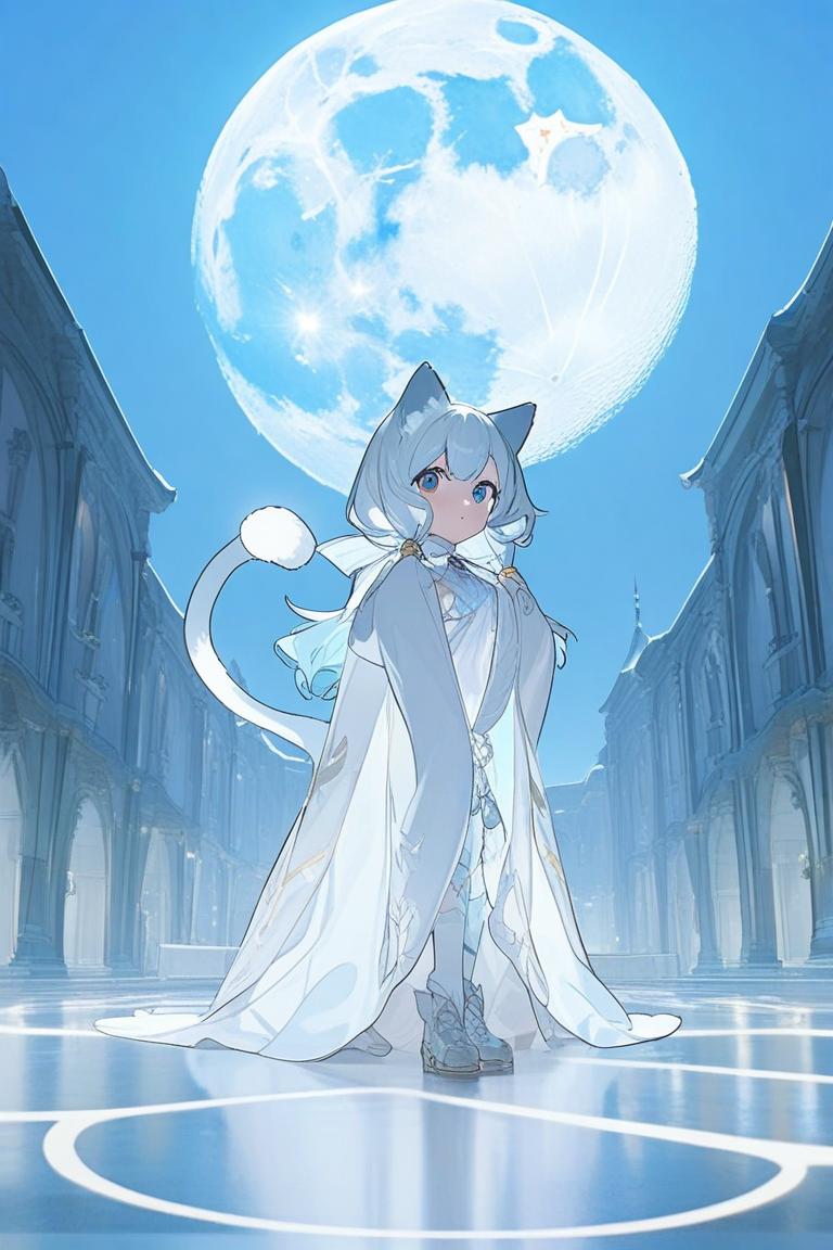 a woman in a white dress standing in front of a full moon