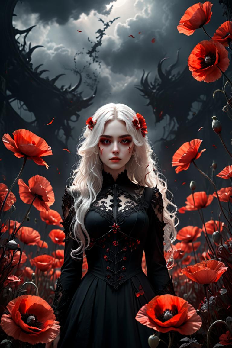 a woman in a black dress standing in a field of red flowers