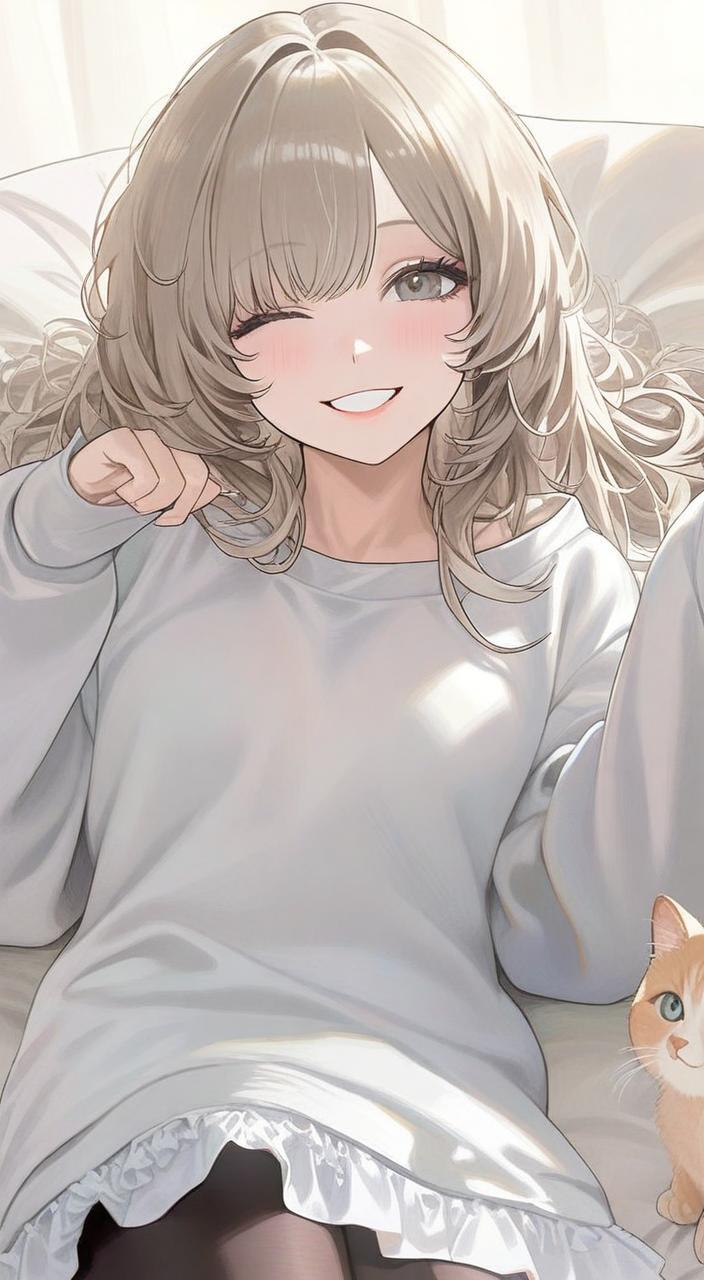 a woman laying on a bed with a cat